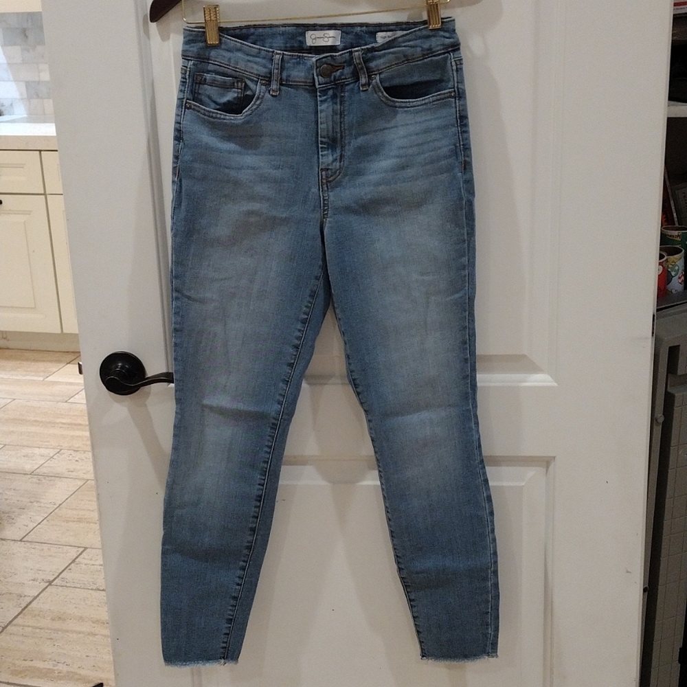 Jessica Simpson Medium Wash High Rise Skinny Jeans Size 28/6 Raw Hem